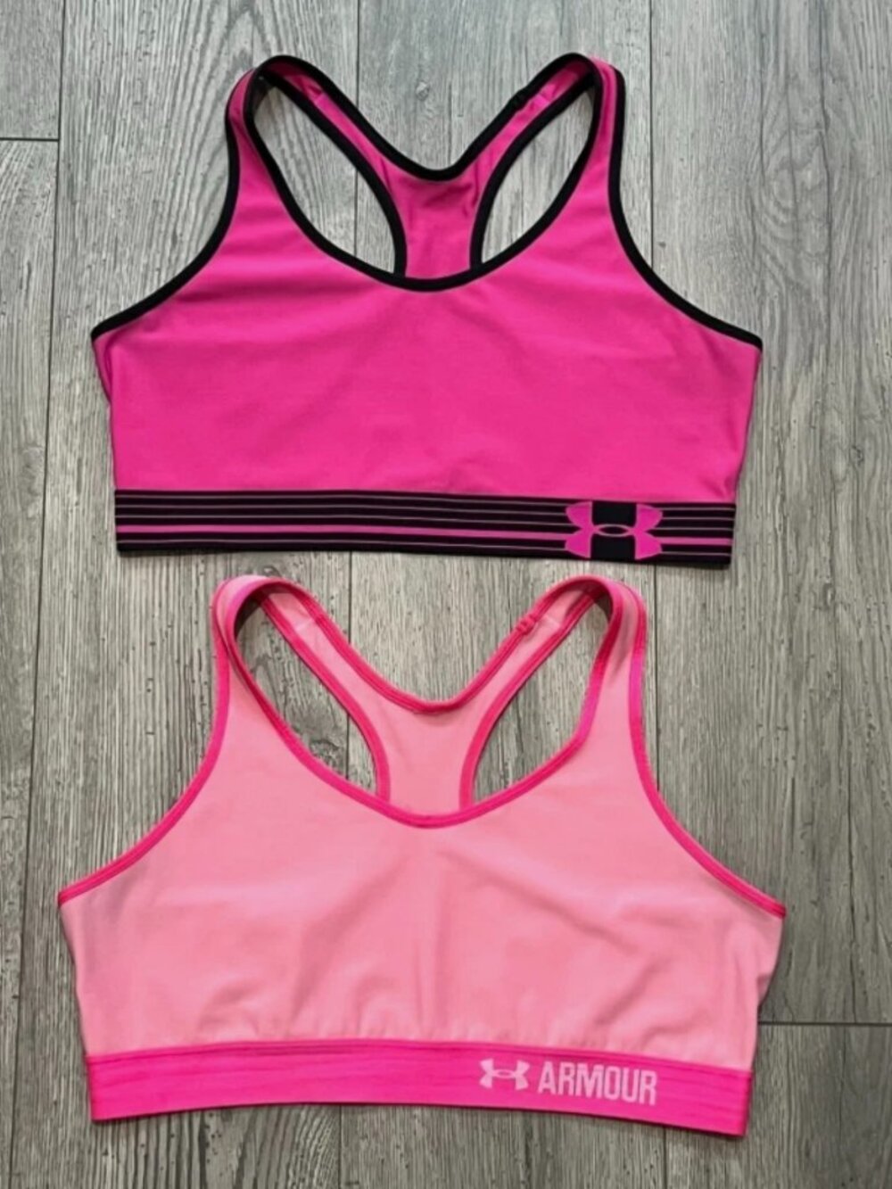 XL Womens UNDER ARMOUR Racerback Sports Bra Lot 2 Padless Compression Pink Black